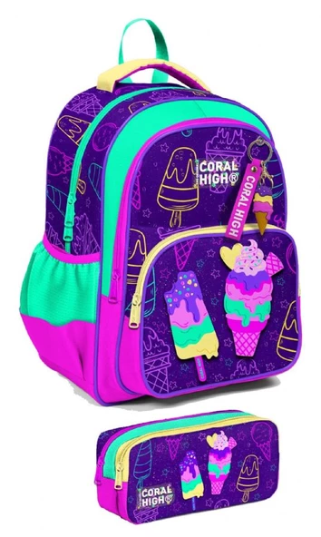 Coral High İlkokul Sırt Çantası ve Kalemlik Seti - Kız Çocuk - Mor Pembe Dondurma ürün görseli