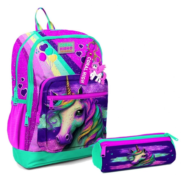 Coral High İlkokul Sırt Çantası ve Kalemlik Seti - Pembe Su Yeşili Unicorn - Kız Çocuk