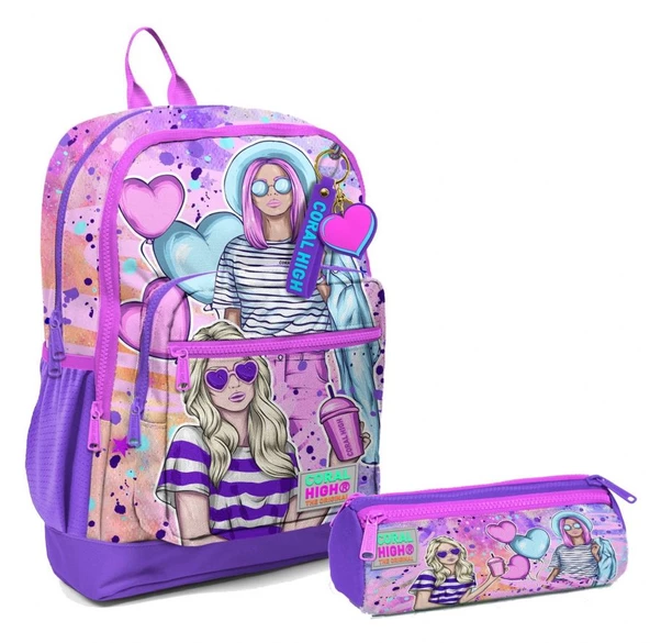 Coral High İlkokul Sırt Çantası ve Kalemlik Seti - Pembe Mor Fashion Girl - Kız Çocuk