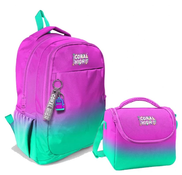 Coral High Kız Çocuk Üç Gözlü İlkokul ve Ortaokul Sırt Çantası+Beslenme - Pembe Su Yeşili Renk Geçişli ürün görseli