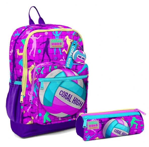 Coral High İlkokul Sırt Çantası ve Kalemlik Seti - Pembe Mor Voleybol - Kız Çocuk ürün görseli