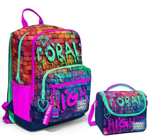 Coral High Dört Bölmeli Ortaokul Çantası ve Beslenme Çantası Seti - Pembe Lacivert Grafiti - Erkek Çocuk ürün görseli
