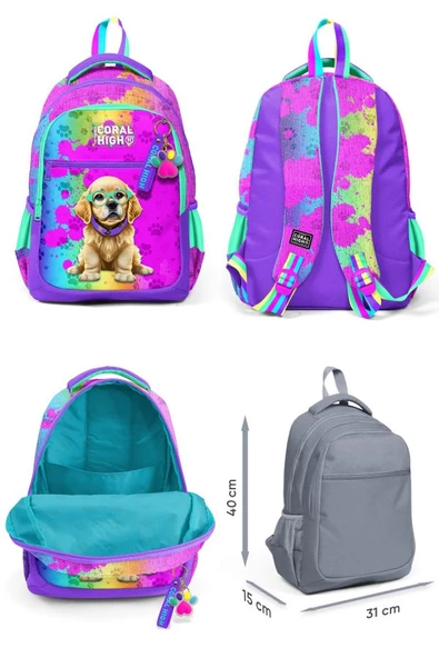 Coral High Kız Çocuk Üç Gözlü İlkokul Çanta Seti - Mor Pembe Köpek Desenli - Resim 2
