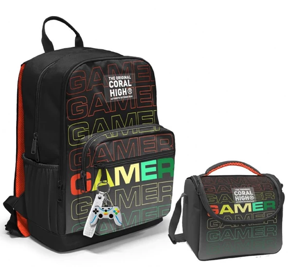 Coral High Dört Bölmeli Ortaokul Çantası ve Beslenme Çantası Seti - Siyah Gri Gamer - Erkek Çocuk