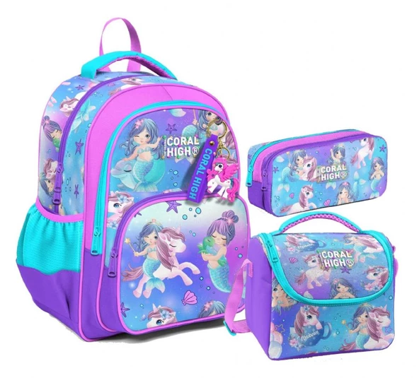 Coral High Kız Çocuk Üç Gözlü İlkokul Çanta Seti - Mor Pembe Unicorn Desenli ürün görseli