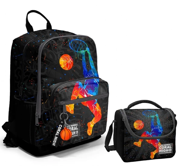 Coral High Dört Bölmeli Ortaokul Çantası ve Beslenme Çantası Seti - Gri Basketbol - Erkek Çocuk ürün görseli