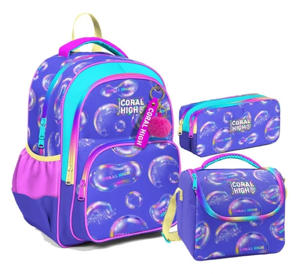 Coral High Kız Çocuk Üç Gözlü İlkokul Çanta Seti - Lavanta Pembe Baloncuk Desenli ürün görseli