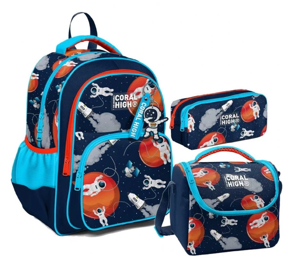 Coral High Erkek Çocuk Üç Gözlü İlkokul Çanta Seti - Lacivert Mavi Astronot Desenli ürün görseli