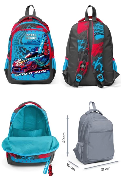 Coral High Erkek Çocuk Üç Gözlü İlkokul Çanta Seti - Gri Mavi Yarış Arabası Desenli - Resim 2