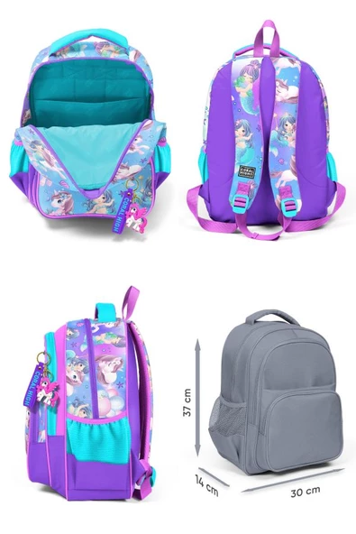 Coral High Kız Çocuk Üç Gözlü İlkokul Çanta Seti - Mor Pembe Unicorn Desenli - Resim 2