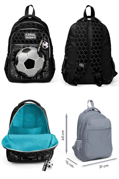 Coral High Erkek Çocuk Üç Gözlü İlkokul Çanta Seti - Siyah Futbol Desenli - Resim 2