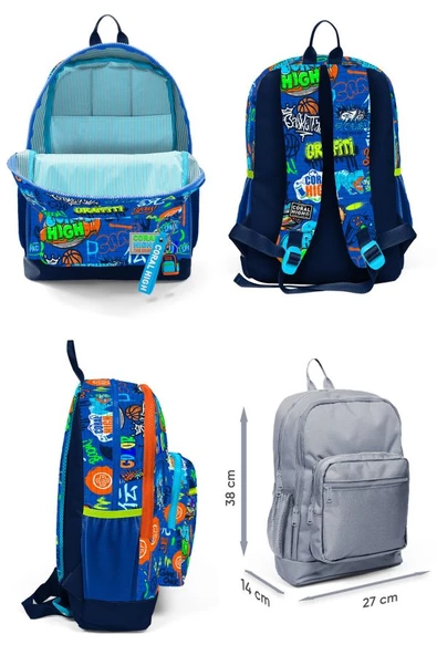 Coral High Erkek Çocuk Üçlü İlkokul Okul Çanta Seti - Saks Grafiti - Resim 2