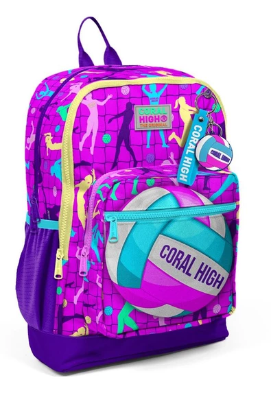 Coral High Dört Bölmeli Pembe Mor Voleybol Desenli İlkokul Sırt Çantası - Kız Çocuk