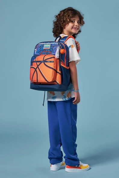 Coral High Dört Bölmeli Turuncu Lacivert Basketbol Desenli İlkokul Sırt Çantası - Erkek Çocuk - Resim 3