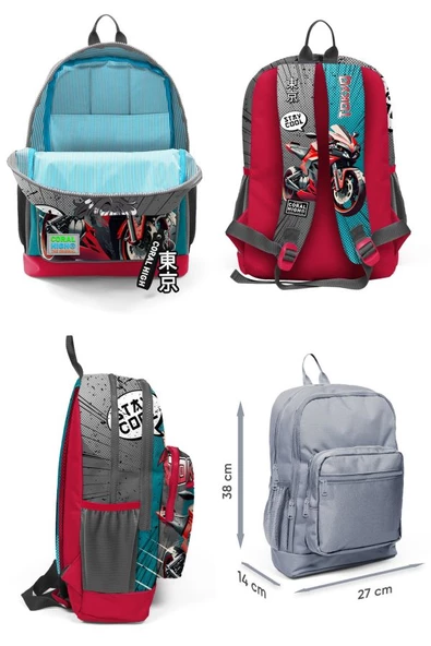 Coral High Dört Bölmeli Gri Nefti Anime Motorsiklet Desenli İlkokul Sırt Çantası - Erkek Çocuk - Resim 2