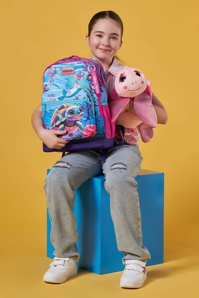 Coral High Dört Bölmeli Pembe Mor Kaplumbağa Desenli İlkokul Sırt Çantası - Kız Çocuk - Resim 3