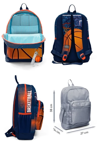 Coral High Dört Bölmeli Turuncu Lacivert Basketbol Desenli İlkokul Sırt Çantası - Erkek Çocuk - Resim 2