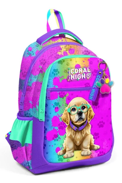 Coral High Mor Pembe Köpek Desenli Kız Çocuk İlkokul Çantası ve Günlük Sırt Çantası