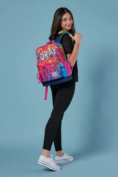 Coral High Dört Bölmeli Pembe Lacivert Grafiti Ortaokul Çantası - Kız Çocuk - Resim 4