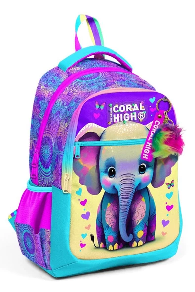Coral High Pembe Turkuaz Fil Desenli Kız Çocuk İlkokul Çantası ve Günlük Sırt Çantası ürün görseli