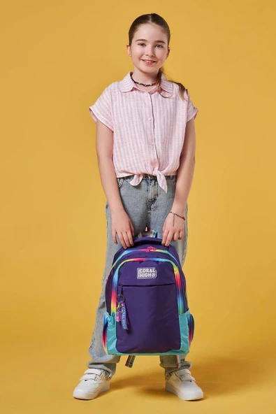 Coral High Rainbow Fermuarlı Mor İlkokul Ortaokul ve Günlük Sırt Çantası - Kız Çocuk - Resim 3