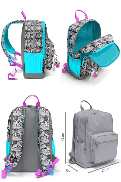 Coral High Dört Bölmeli Gri Kedi Ortaokul Çantası - Kız Çocuk - Resim 3