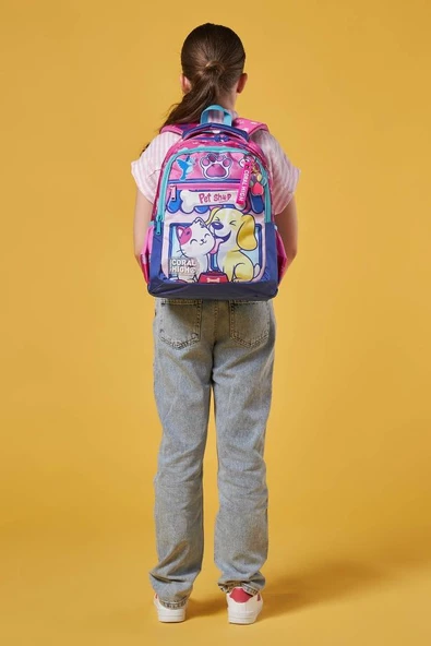 Coral High Kedi Köpek Desenli Kız Çocuk İlkokul Çantası ve Günlük Sırt Çantası - Resim 3