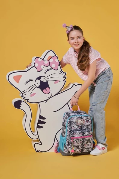 Coral High Dört Bölmeli Gri Kedi Ortaokul Çantası - Kız Çocuk - Resim 4