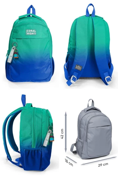 Coral High Yeşil Saks Renk Geçişli İlkokul Ortaokul ve Günlük Sırt Çantası - Erkek Çocuk - Resim 2