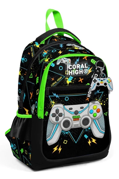 Coral High Siyah Fosforlu Yeşil Gamer Desenli Erkek Çocuk İlkokul Çantası ve Günlük Sırt Çantası