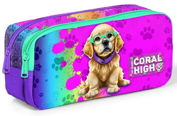 Coral High Mor Pembe Köpek İki Bölmeli Kalem Çantası - Kız Çocuk