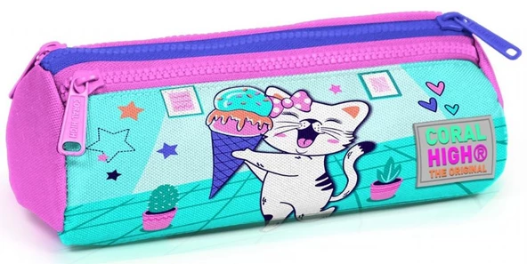 Coral High Turkuaz Pembe Dondurmalı Kedi Üç Bölmeli Kalem Çantası - Kız Çocuk