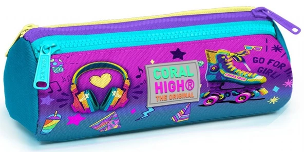 Coral High Pembe Turkuaz Kulaklık Paten Üç Bölmeli Kalem Çantası - Kız Çocuk