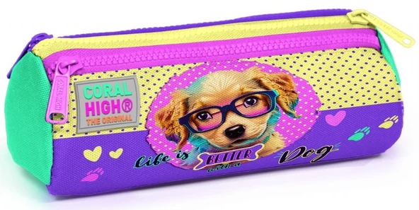Coral High Sarı Pembe Sevimli Köpek Üç Bölmeli Kalem Çantası - Kız Çocuk