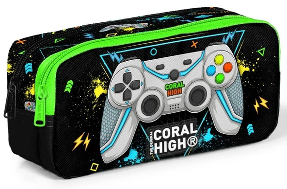 Coral High Siyah Fosforlu Yeşil Gamer İki Bölmeli Kalem Çantası - Erkek Çocuk