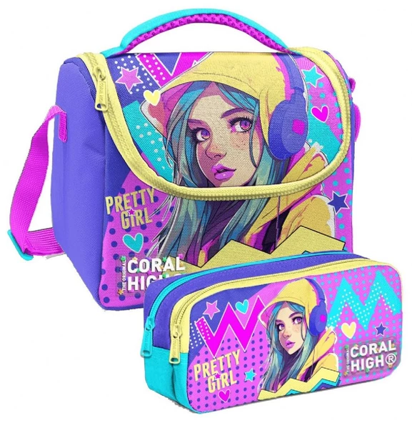 Coral High Lavanta Turkuaz Kulaklıklı Kız Desenli Kız Çocuk Isı Yalıtımlı Beslenme Çantası ve Kalemlik Seti ürün görseli