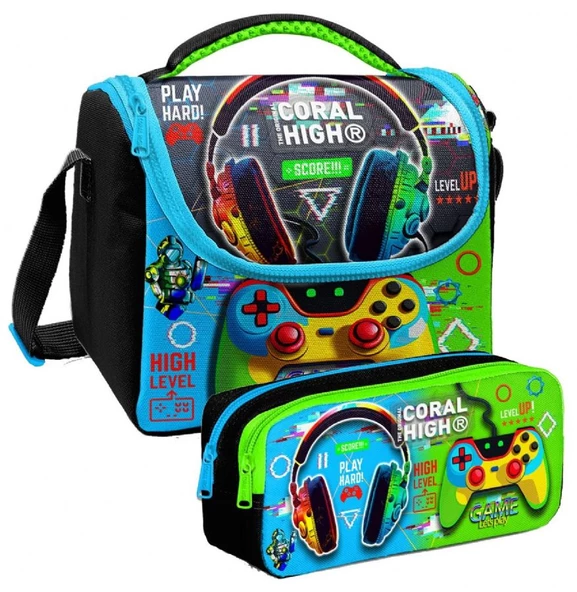 Coral High Kulaklık Game Desenli Erkek Çocuk Isı Yalıtımlı Beslenme Çantası ve Kalemlik Seti