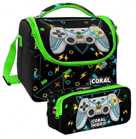 Coral High Siyah Fosforlu Yeşil Gamer Desenli Erkek Çocuk Isı Yalıtımlı Beslenme Çantası ve Kalemlik Seti ürün görseli