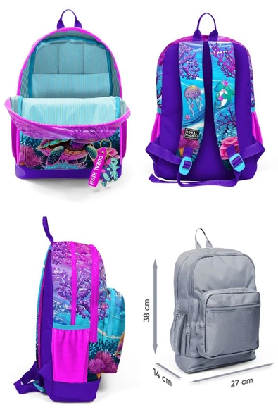 Coral High Dört Bölmeli Kız Çocuk Okul Sırt Çantası ve Beslenme Seti - Pembe Mor Kaplumbağa - Resim 2