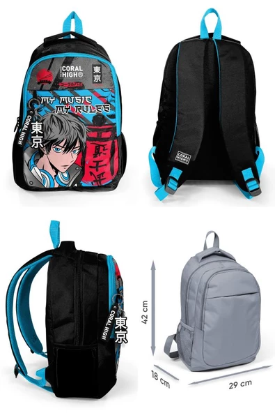 Coral High Erkek Çocuk Üç Gözlü İlkokul ve Ortaokul Sırt Çantası+Beslenme - Siyah Mavi Anime - Resim 2