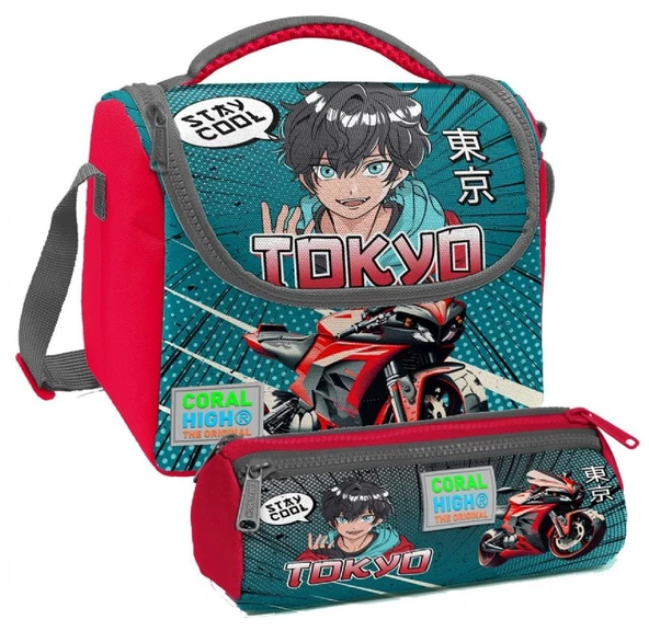 Coral High Gri Nefti Anime Motorsiklet Desenli Erkek Çocuk Isı Yalıtımlı Beslenme Çantası ve Kalemlik Seti ürün görseli