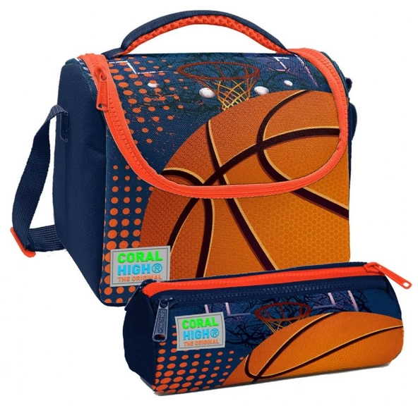 Coral High Turuncu Lacivert Basketbol Desenli Erkek Çocuk Isı Yalıtımlı Beslenme Çantası ve Kalemlik Seti ürün görseli