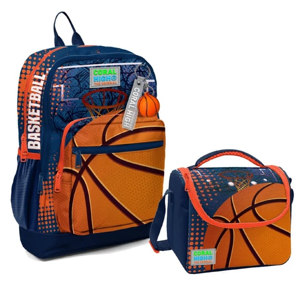Coral High Dört Bölmeli Erkek Çocuk Okul Sırt Çantası ve Beslenme Seti - Turuncu Lacivert Basketbol ürün görseli
