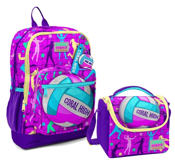Coral High Dört Bölmeli Kız Çocuk Okul Sırt Çantası ve Beslenme Seti - Pembe Mor Voleybol ürün görseli