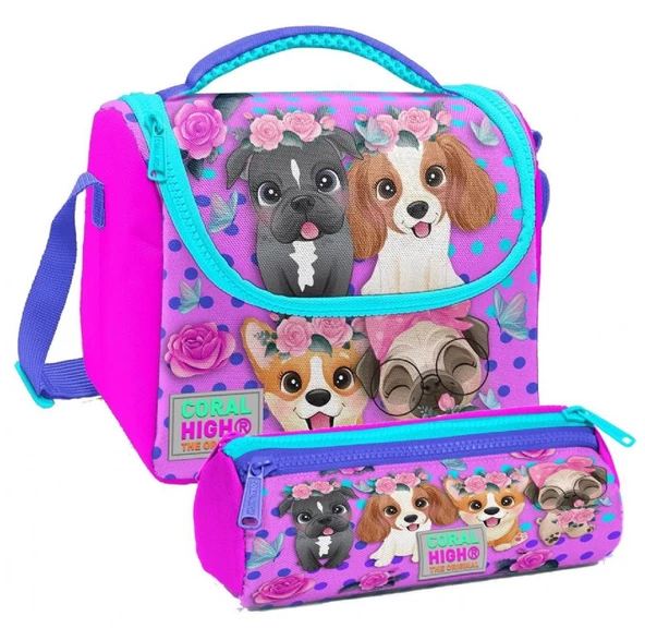 Coral High Pembe Köpek Desenli Kız Çocuk Isı Yalıtımlı Beslenme Çantası ve Kalemlik Seti ürün görseli