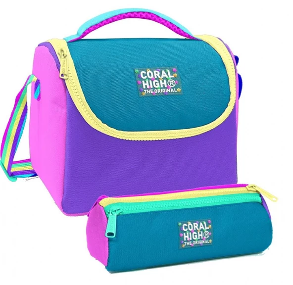 Coral High Pembe Pastel Renkli Desenli Kız Çocuk Isı Yalıtımlı Beslenme Çantası ve Kalemlik Seti