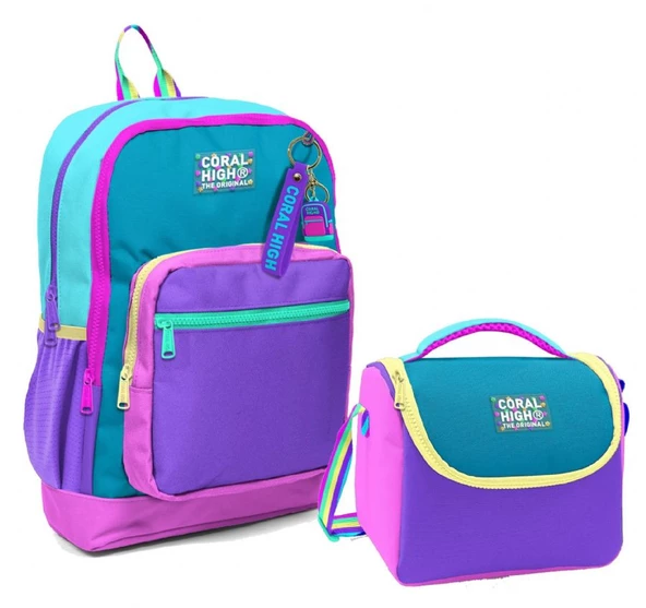 Coral High Dört Bölmeli Kız Çocuk Okul Sırt Çantası ve Beslenme Seti - Pembe Pastel Renkli ürün görseli