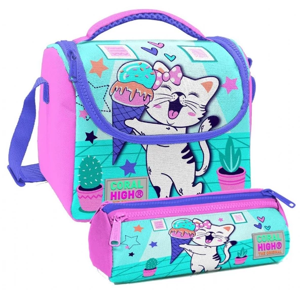 Coral High Turkuaz Pembe Dondurmalı Kedi Desenli Kız Çocuk Isı Yalıtımlı Beslenme Çantası ve Kalemlik Seti ürün görseli