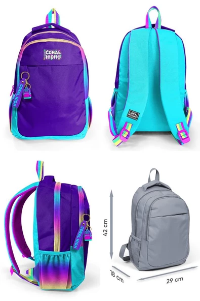 Coral High Kız Çocuk Üç Gözlü İlkokul ve Ortaokul Sırt Çantası+Beslenme - Rainbow Fermuarlı Mor - Resim 2