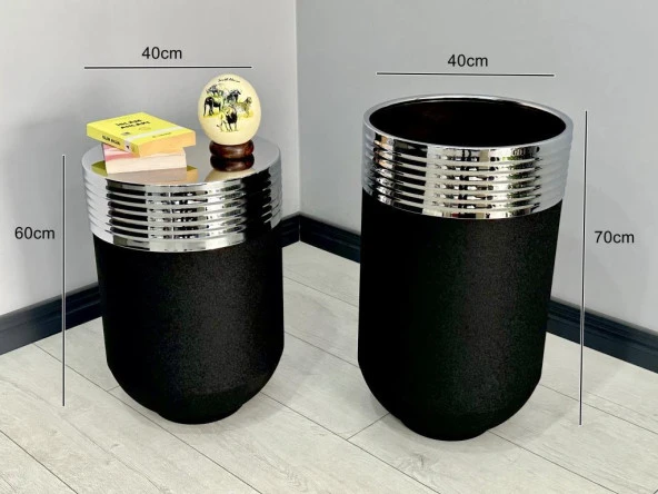 ELEGANT Dekoratif Krom Darbuka Siyah Saksı 70cm + Sehpa 60cm İkili Set - Resim 2